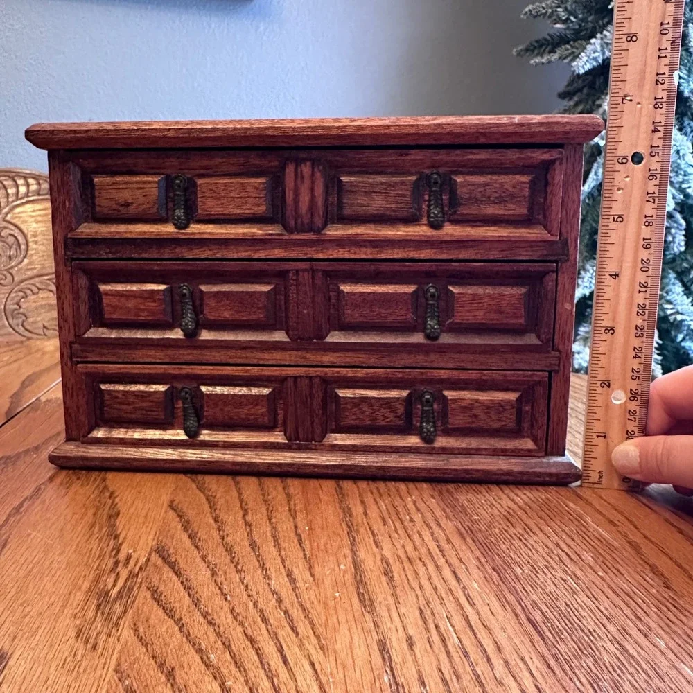 Mele Jewelry Box Chest Brown Vintage Wood 3-Drawer Japan